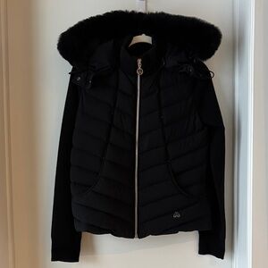 Moose Knuckles sweater Jacket with hood and fur trim